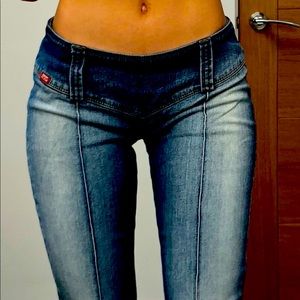 Miss Sixty dark wash boot cut jeans, low cut with seams down back & front legs